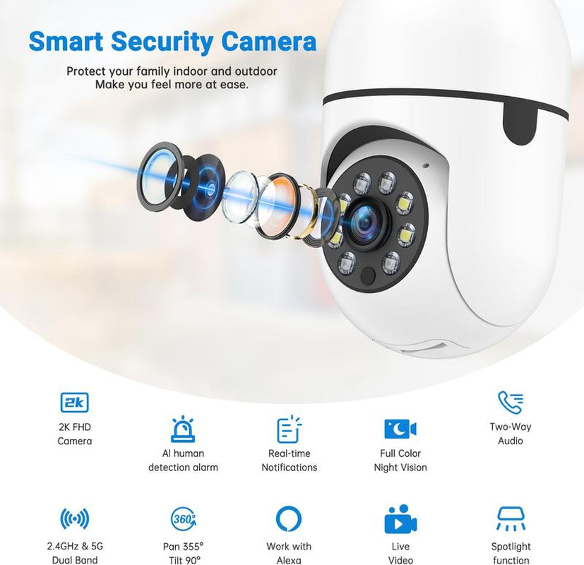Noonkey 360° Bulb Security Camera – WiFi, Motion Tracking, Night Vision