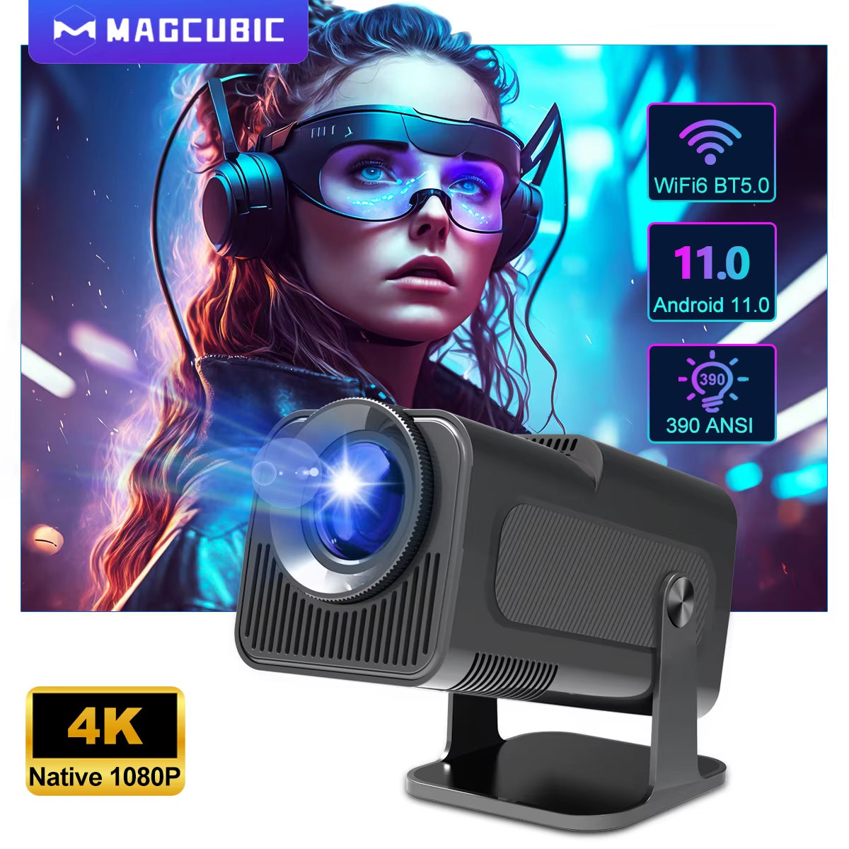  Proyector HY320 4K Nativo con Android 11, 390 ANSI, Doble WiFi6 y Bluetooth 5.0 | Cine Portátil para Interior y Exterior